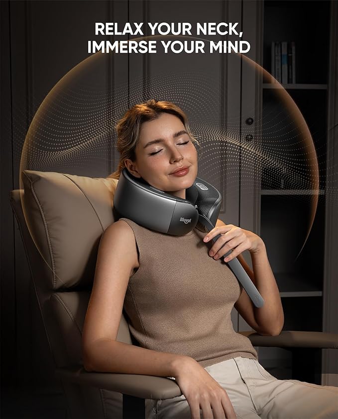 Bluvol Nest 10 Ultra Immersive Heated Neck Massager, Therapist-Style Deep Tissue Pain Relief, 360° Spatial Audio, Cordless Massager for TV Watching, Gaming, Office Work, Grey