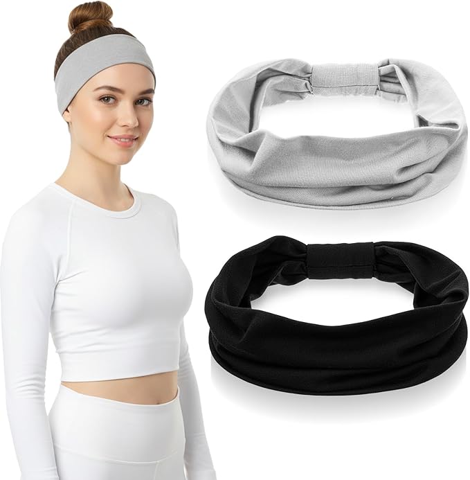 2 Pack Women Cotton Stretch Headband, Soft Breathable Hijab Cap, Wide Elastic Non-Slip Sweat Wicking Hair Band for Makeup Spa Sport Workout Running Daily Wear
