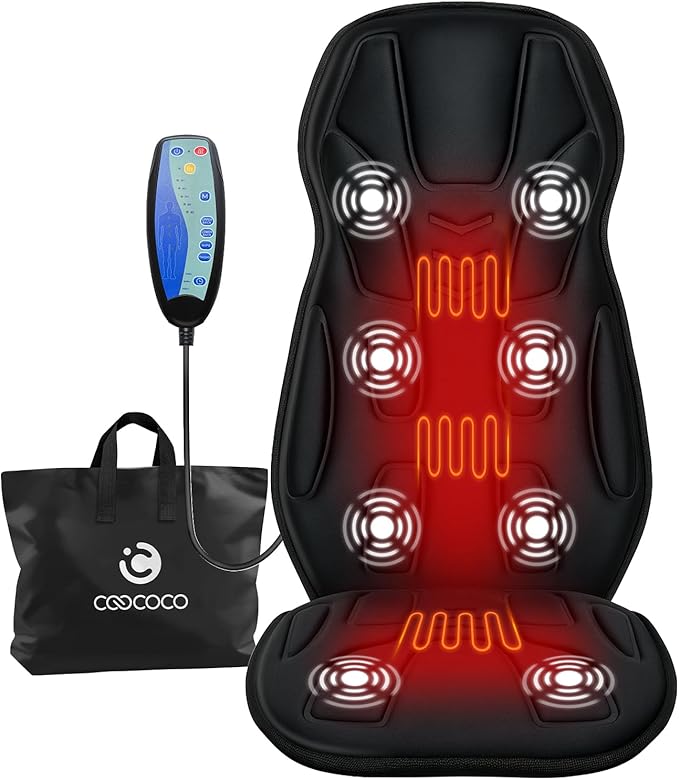 CooCoCo Back Massager with Heat, 8 Vibrating Motors Massage Chair Pad with 2 Heating Levels, Massage Seat Cushion with Auto Shutoff for Home Office Chair, Gifts for Mom Dad Men Women Teens