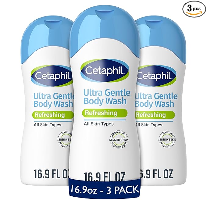 Cetaphil Ultra Gentle Refreshing Body Wash, Refreshing Scent For Dry to Normal, Sensitive Skin, 16.9oz Pack of 3, with Aloe Vera, Calendula, Vitamin B5, Hypoallergenic, Dermatologist Tested