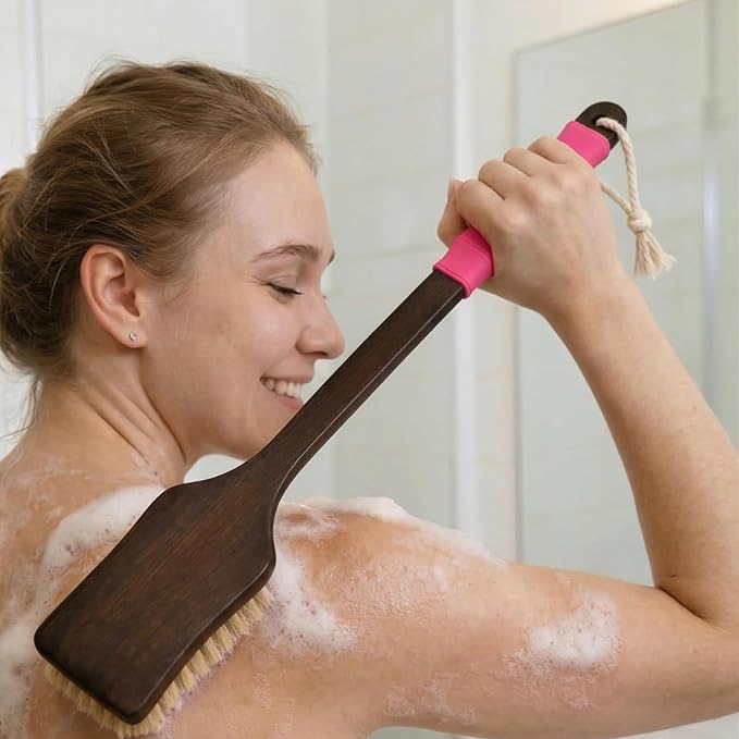 Back Scrubber Shower Brush,Dry Brushing Body Brush with 17.7 Inch Curved Long Handle, Natural Bristles for Lymphatic Drainage, Soft & Stiff Bristles Available (Pink Handle, Soft)