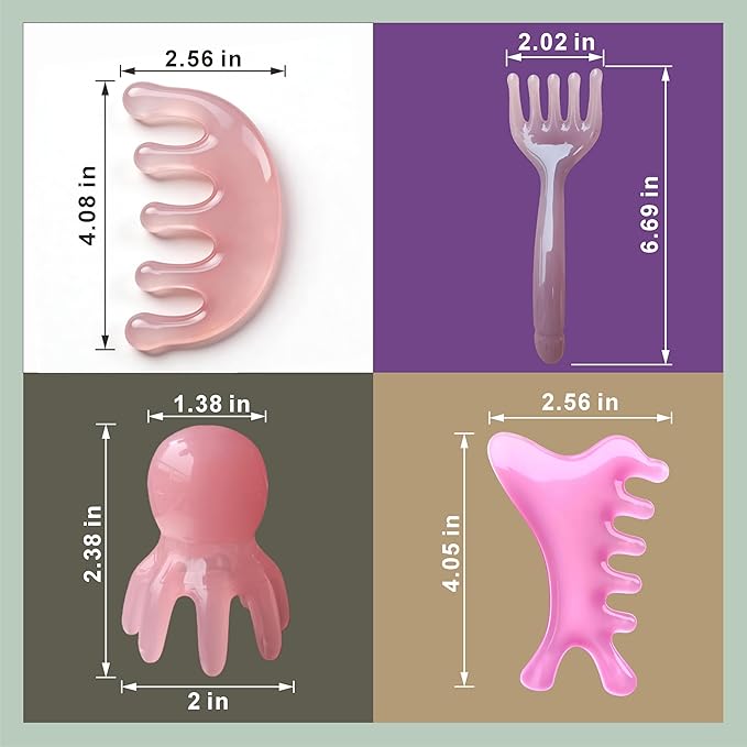 4 Pcs All-in-One Head Massager Set: Scalp Comb, Gua Sha, Octopus & Five Claw Tool for Stress Relief, Relaxation, Acupressure - Gift for Christmas, Birthday, Mother's Day, Father's Day (Pink)