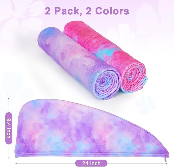 Unicorn Castle Microfiber Hair Towel for Kids 2Pack Hair Wrap Towels Absorbent Hair Drying Towel Wrap Hair Turbans for Curly Thick Hair,Pink Purple