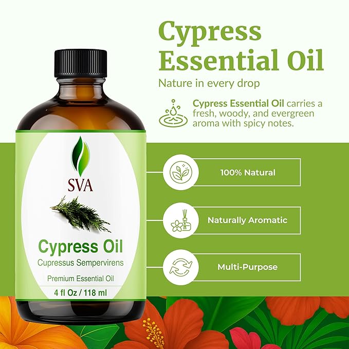 SVA Cypress Essential Oil – 4 Fl Oz – 100% Natural Cypress Oil - for Diffuser, Hair Care, Face, Skin Care, Aromatherapy, Scalp and Body Massage, Soap and Candle Making – with Dropper