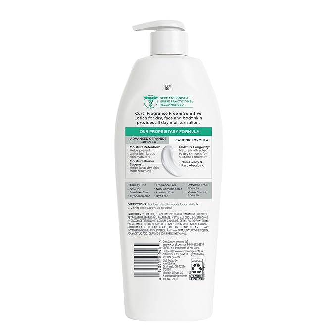 Curel Fragrance Free Lotion, Sensitive Hypoallergenic Lotion for Dry Skin, Dermatologist Recommended, 13 Oz, Pack of 3