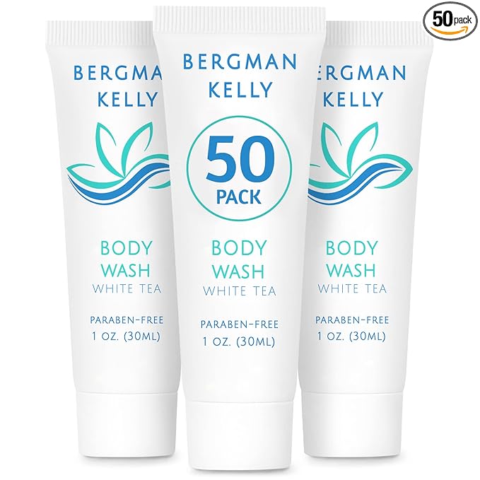 BERGMAN KELLY Travel Size Body Wash (1 fl oz, 50 PK, White Tea), Delight Your Guests with a Revitalizing and Refreshing Hotel Body Wash, Quality Mini and Small Size Guest Hotel Toiletries in Bulk