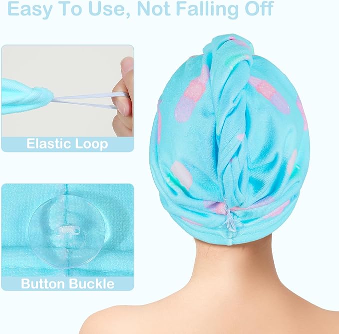 FIOBEE Microfiber Hair Towel Wrap for Kid Rapid Drying Towel Absorbent Hair Turbans for Wet Hair with Button Women Girls Long Curly Hair Pack of 2, Teal/Pink Ice Cream