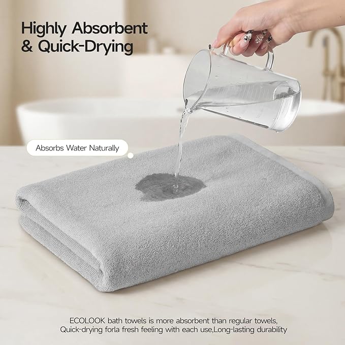 ecolook Bath Towels Set of 4,100% Cotton,27 x 55 Inches,Quick-Drying & Absorbent,Soft,Lightweight Towels for Bathroom,Shower,Spa, Gym & Hotel,Light Gray