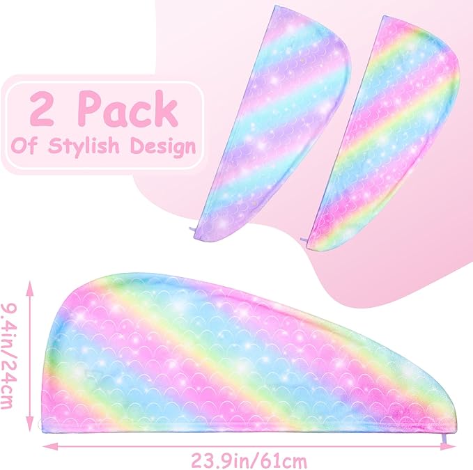 Basumee Microfiber Hair Towel Wrap for Kids 2 Pack Rapid Drying Hair Towel with Button Hair Turbans for Wet Hair Wraps Head Towel Wrap for Women and Girls, Rainbow