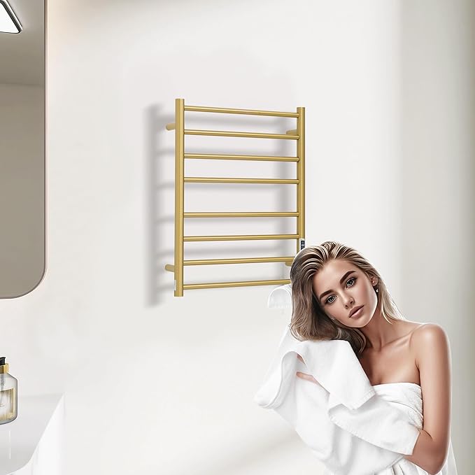 Heated Towel Racks for Bathroom, Wall Mounted Electric Towel Warmer Racks with Timer & Temperature Control, Stainless Steel Towel Heater for Bathroom (Round-Gold, 8 Bars)