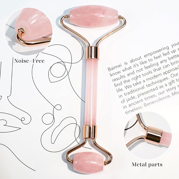 BAIMEI Rose Quartz Roller Set & Xiuyan Jade Gua Sha – Face Massager Tool and Guasha Tool for Face
