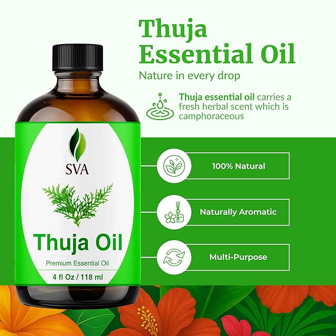 SVA Thuja Essential Oil – 4 Fl Oz – 100% Natural Thuja Oil - for Diffuser, Hair Care, Face, Skin Care, Aromatherapy, Scalp and Body Massage, Soap and Candle Making – with Dropper