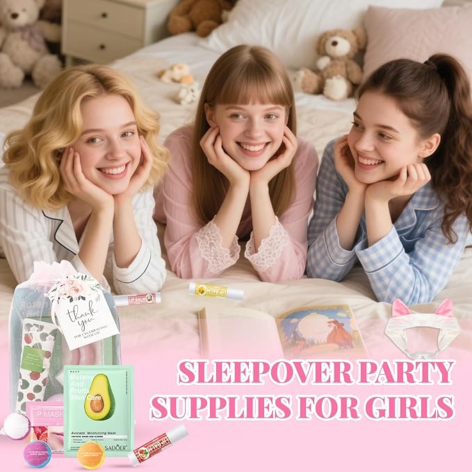 120 PCS Spa Party Supplies for Girls, Sleepover Party Supplies for Girls, Skincare Set, Include Face & Lip Masks, Foot Bath Bombs, Hand Cream, Lip Balm, Under Eye Patches, Spa Party Favors