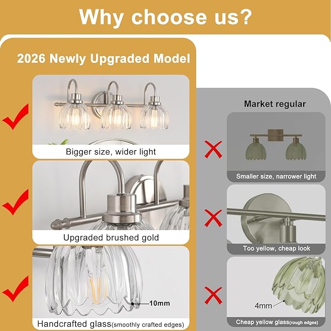 Bathroom Light Fixtures (3-Light, 20 Inch), Brushed Nickel Vanity Lights for Bathroom with Ribbed Clear Tulip Glass Shade, Vintage Vanity Wall Lights for Mirror Bedroom Living Room Hallway