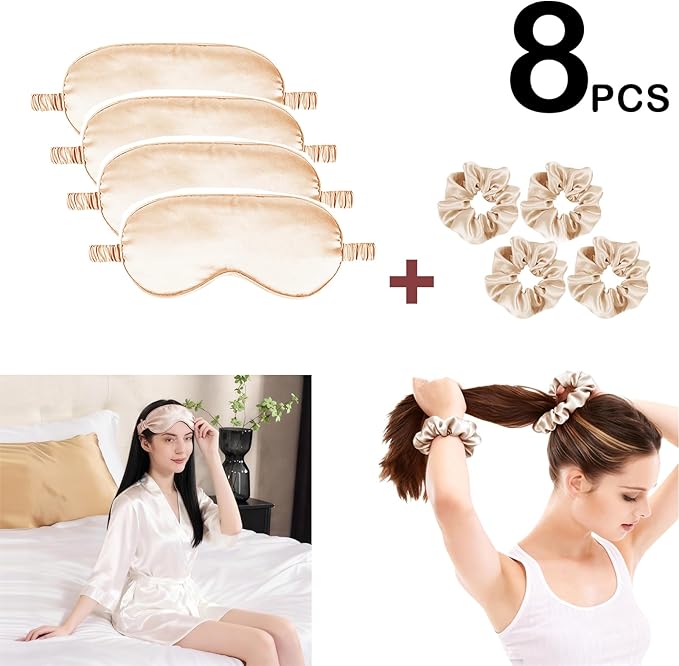 Satin Eye Mask 8Pcs Silk Sleep Masks Silky Blindfold Eyeshade Blackout Eyes Cover Scrunchies Hair Ties Travel Wedding Gifts