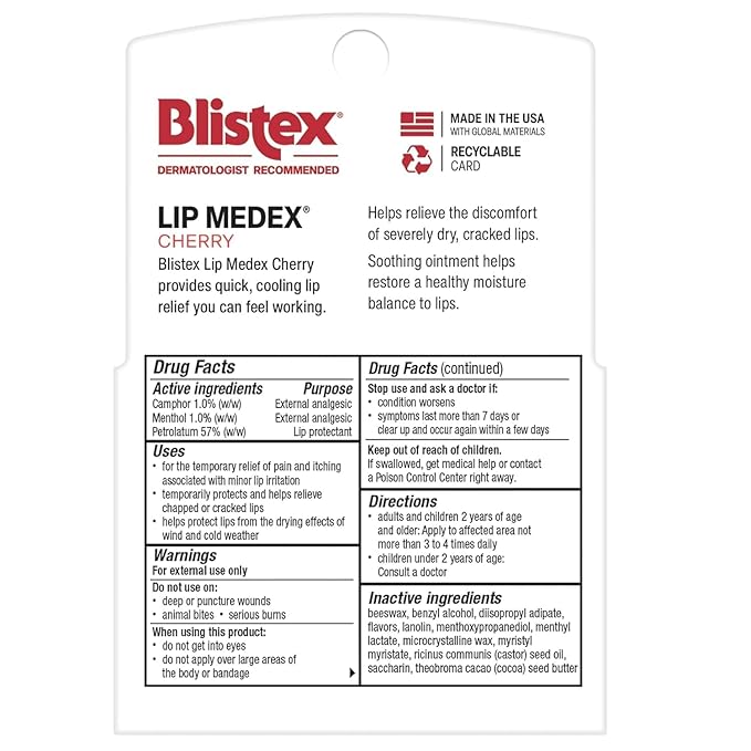 Blistex Cherry Lip Medex, 0.35 oz Each, Advanced Hydration, Medicated Relief with Cooling, Soothes and Protects, Restores Healthy Moisture Balance to Lips, 2 Count, (Pack of 2)