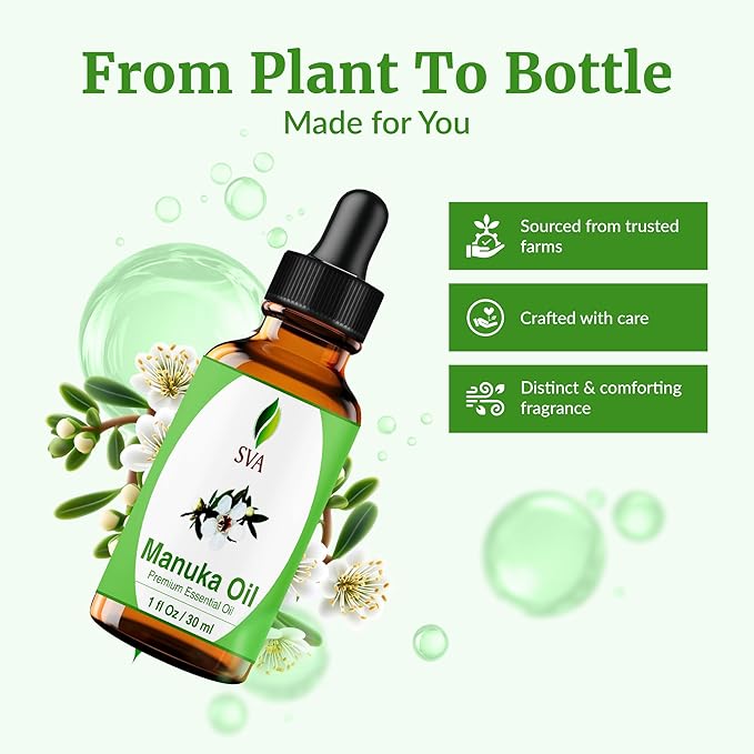 SVA Manuka Essential Oil – 1 Fl Oz – 100% Natural Manuka Oil - for Diffuser, Hair Care, Face, Skin Care, Aromatherapy, Scalp and Body Massage, Soap and Candle Making – with Dropper