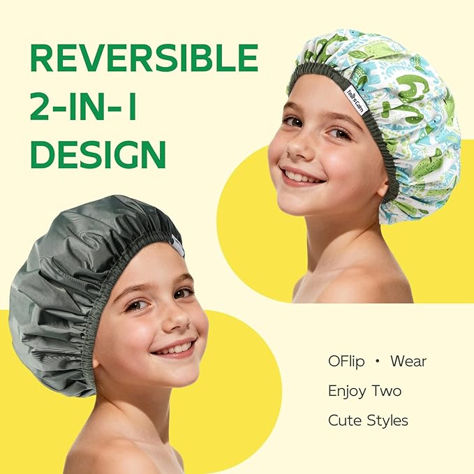 Years calm Kids Shower Cap, Waterproof Reusable Cartoon Bath Cap with Double Layers & Soft Elastic Band, Washable shower cap for kids, Great for Daily Bath