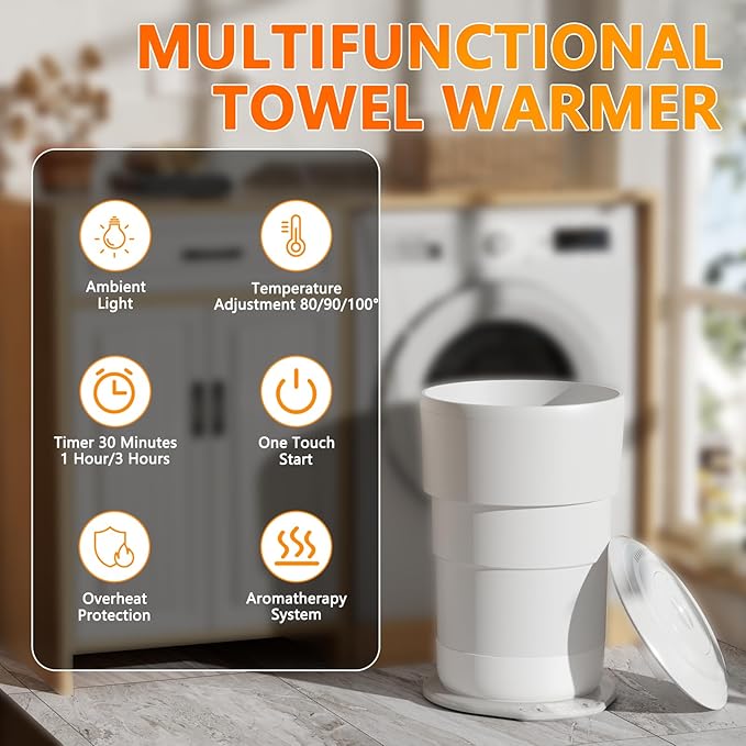 Foldable Towel Warmer for Bathroom, Large Towel Warmer Bucket, Auto Shut Off, Time Setting and Ambient Lighting, Fits Up to Two 40"X70" Oversized Towels, Bathrobes, Blankets
