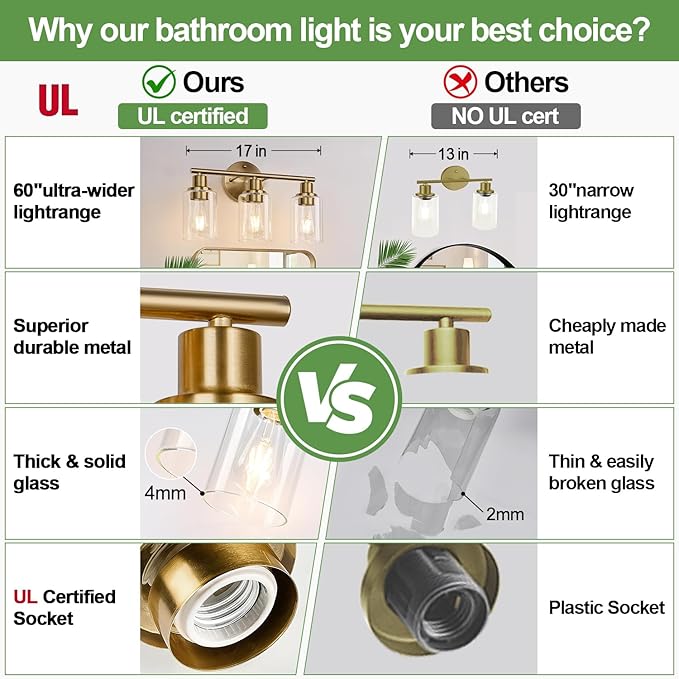 Zarbitta 3-Light Bathroom Light Fixtures, Brushed Brass Bathroom Wall Lights with Clear Glass Shade, Modern Bathroom Wall Lamp for Mirror Kitchen Living Room Hallway Cabinet