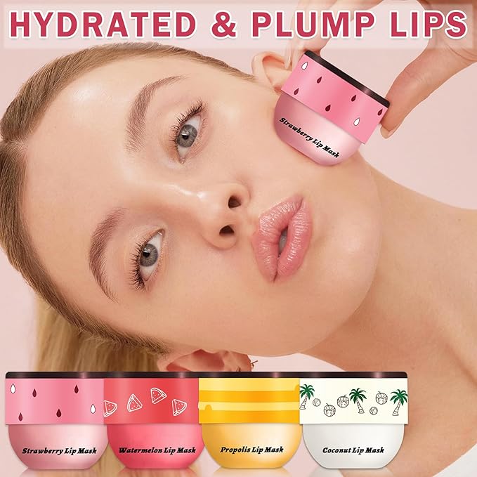 4PCS Honey Lip Balm Hydrating Honey Lip Mask Overnight Propolis Bee Lip Balm Prevention Dry and Cracked Lip Scrub Exfoliator (Honey+Strawberry+Coconut+Watermelon)