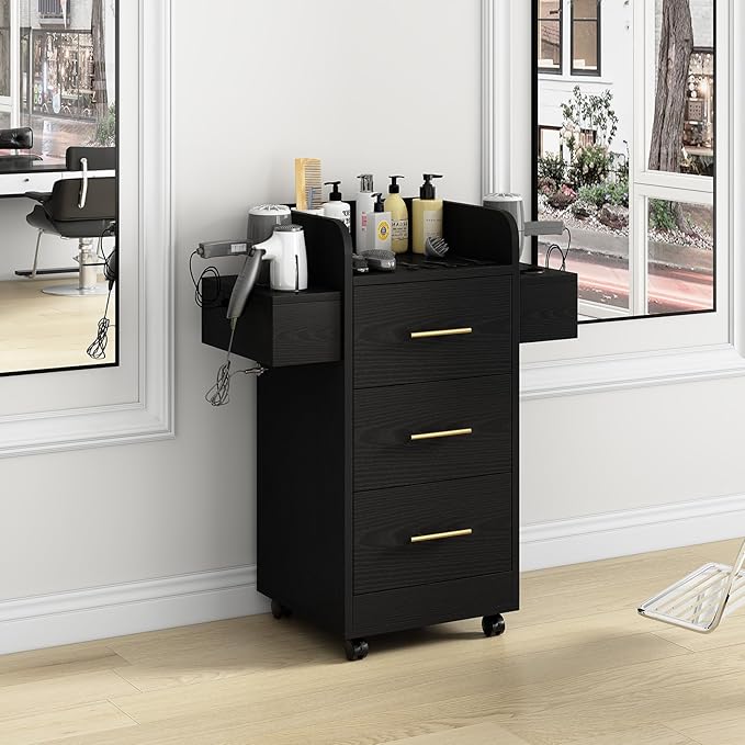4ever2buy Rolling Salon Station for Hair Stylist, Salon Trolley Cart with with Wheels, Hair Stylist Beauty Barber Station, 6 Hair Dryer Holders & 3 Drawers, Black and Gold