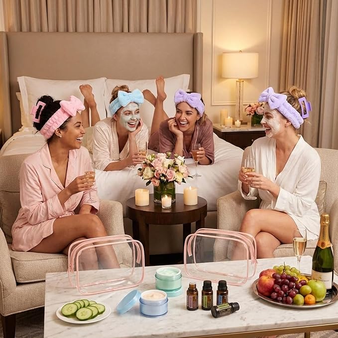 Hoteam 24 Pcs Spa Party Favors Supplies 6 Spa Headband 6 Plush Sleep Eye Mask 6 Hair Claw Clips 6 Clear Cosmetic Bags for Adult Sleepover Slumber Party Graduation Gift(Pink,Blue,Purple)