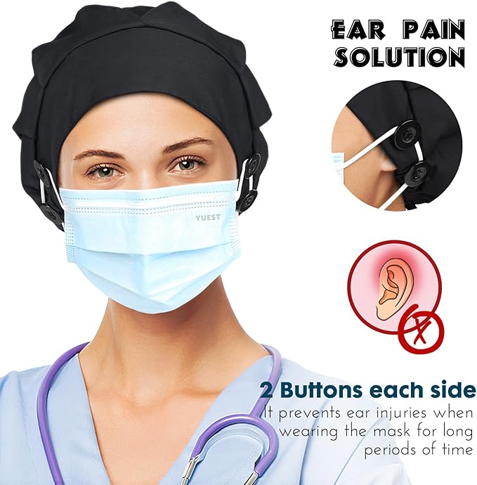 2 Pack Satin Lined Bouffant Scrub Caps with Buttons, Adjustable Scrub Caps for Women Men
