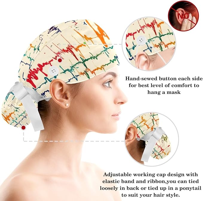Women Working Cap with Buttons Bouffant Hat Autumn Leaves Nurse Scrub Caps Long Hair