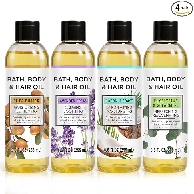 Bath Oil Body Oil with Shea Butter, Lavender, Eucalyptus Mint, Coconut Scent Bath Oils, Gifts for Women, 34.4 fl oz (Pack of 4)