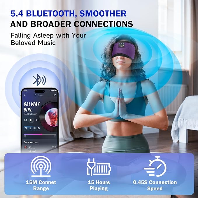 TOPOINT Sleep Mask with Bluetooth Headphones, Breathable Silk Eye Mask for Sleeping Men Women, Bluetooth Sleep Mask Blackout with Speakers, Microphone Handsfree, USB C for Travel Meditation Gifts