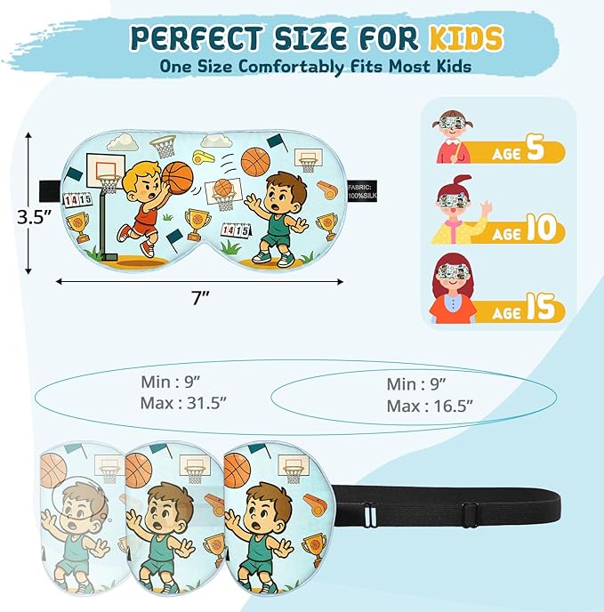 Kids Sleep Mask – 100% Mulberry Silk Eye Mask with Adjustable Strap, Soft Light Blocking Sleeping Mask for Children, Cute Printed Eye Cover for Boys Girls Ages 5-15 (Basketball Style)