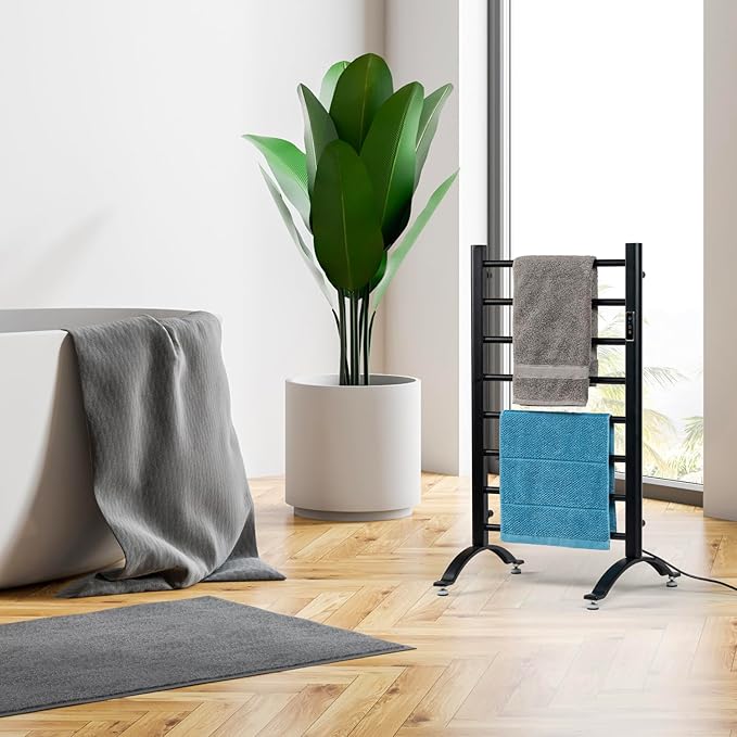 MyGift Hotel Series Matte Black Carbon Steel Towel Warmer Rack with 8 Heating Bars and LED Temperature Timer Control, Freestanding or Wall Mounted Electric Bath Towel Warming Holder
