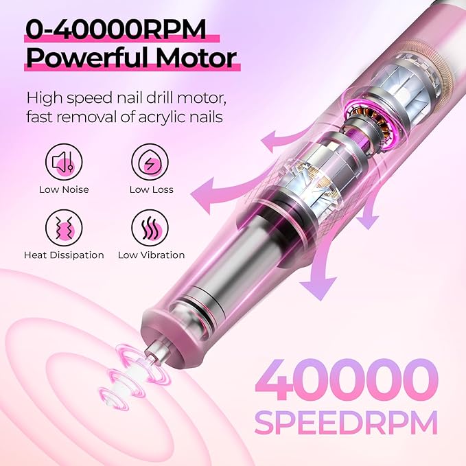 JOSGLOI Electric Nail Drill Professional: Shiny 40000RPM Electric Nail File Kit E File Nail Drill Machine with LCD Display for Acrylic Gel, Manicure Pedicure Polishing Grinder for Salon Home, Diamond