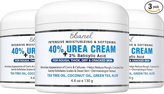 Ebanel Urea Cream 40% plus Salicylic Acid 2%, Foot Cream for Dry Cracked Heels Feet Knees Elbows Hands, Foot Dead Skin Cuticle Callus Remover Toenail Softener, Keratolytic Skin Barrier Repair, 3-Pack