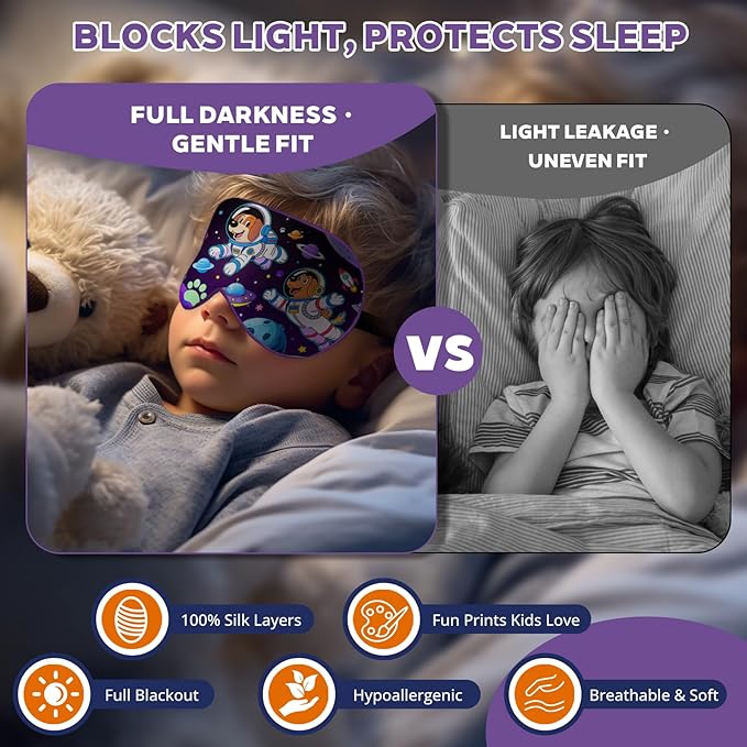 Kids Silk Sleep Mask: 100% Mulberry Silk Eye Mask with Adjustable Strap, Soft Blackout Boys Girls Sleeping Mask, Cute Printed Blindfold for Travel/School/Bed, Gift for Ages 5–15 (Space Dog Style)