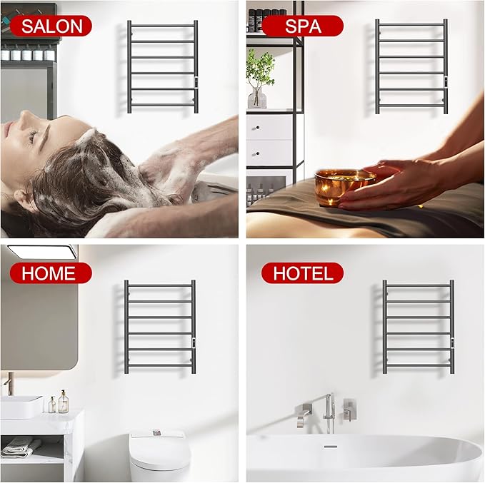 Heated Towel Racks for Bathroom, Wall Mounted Electric Towel Warmer Racks with Timer & Temperature Control, 6 Bar Stainless Steel Towel Heater for Bathroom, Gunmetal Grey, Plug-in
