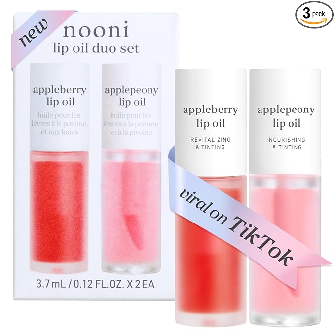 NOONI Korean Lip Oil Set - Appleberry & Applepeony - Long-Lasting, Moisturizing, Revitalizing - Waterproof, No Peel Off, Stocking Stuffers (3EA, 0.12 fl oz)