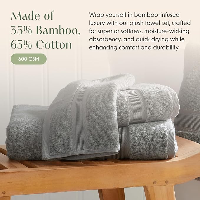 Springtree Home Luxury Bamboo Rayon Bath Towel Set 6 Piece Set | 35% Bamboo Rayon - 65% Cotton | Absorbent Quick-Dry Towels for Bathroom | Oeko-TEX Standard 100 Cotton | Carbon