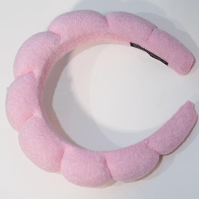 Beleki Spa Headband for Washing Face, Pink Sponge Face Wash Headband and Wristband Set for Makeup Skincare Headbands Puffy Non Slip Headwear Hair Accessories for Women Girls