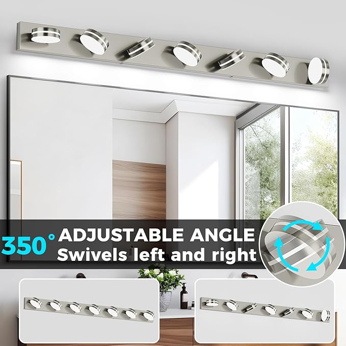 55.12inch Brushed Nickel Vanity Light Fixtures, 7 Light LED Bathroom Vanity Lights Over Mirror, Modern Dimmable Bathroom Wall Lighting for Mirror (Cool White 5500K)