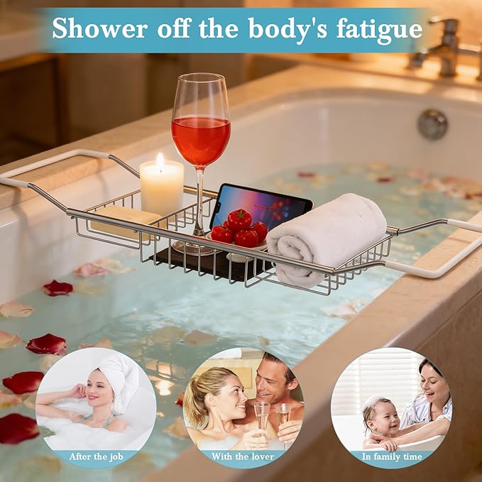Cabilock Stainless Steel Expandable Bathtub Tray, Chrome Polished Telescopic Bath Tub Shelf, Bathroom Organizer for Soap, Shampoo, Phone and Sundries