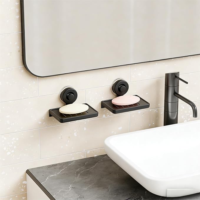 SUOXING 2 Pack Bar of Soap Holder for Shower with Suction Cup,Rustproof Wall Mounted Acrylic Shower Soap Rack & Caddy for Bathroom,Bath,Kitchen,Plastic Self Draining Soap Holder and Soap Shelf,Black