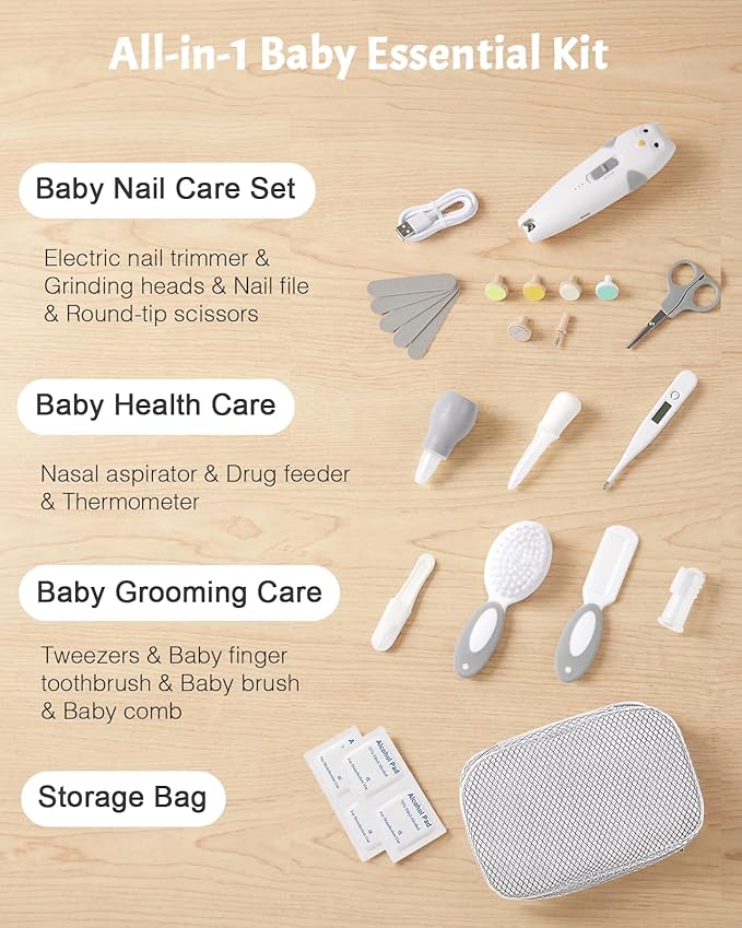 Lictin Baby Healthcare and Grooming Kit, 26 in 1 Rechargeable Nail Trimmer Electric Set,Safe File with Auto Light, Newborn Nursery Health Care Portable Safety Set for Infant Toddlers Boys Girls, Grey