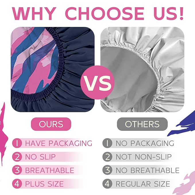 Years calm Waterproof Shower Cap for Women - Double-Layer Reusable Bath Cap with Elastic Band for Long/Short/Curly/Braids Hair, Washable & Travel-Friendly, Fit for Shower, Spa (Stripe Shower Cap)