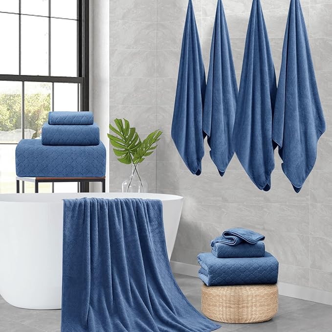 8-Piece Navy Bath Towels Set,2 Oversized Large Bath Towels Sheet,2 Hand Towels and 4 Washcloths - 600 GSM Soft Luxury Towel Set,Highly Absorbent Quick Dry Towel Collection for Bathroom,Hotel and Spa
