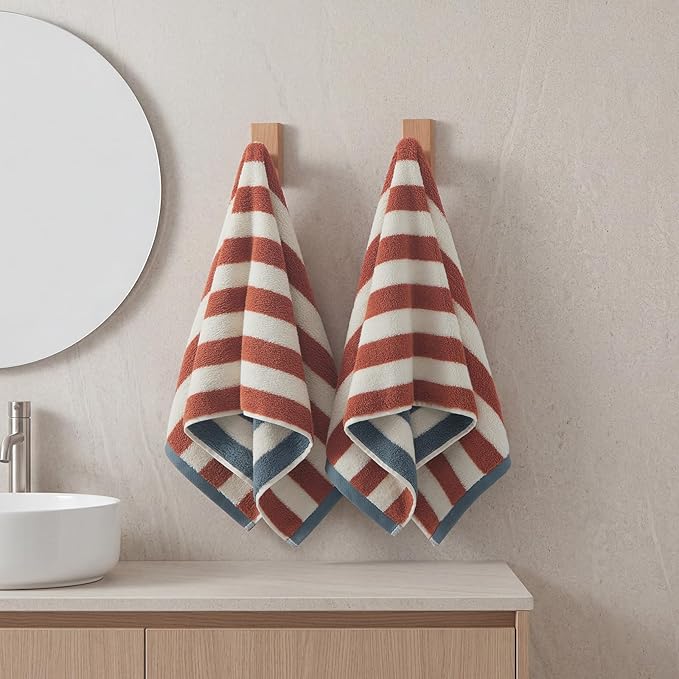 REDKISS 2-Pack Luxury Hand Towels for Bathroom - 12 x 28 Inches 100% Cotton Striped Hand Towels, Ultra Soft and Highly Absorbent Towel for Bath, Gym, Hotel, Kitchen and Spa, Brown