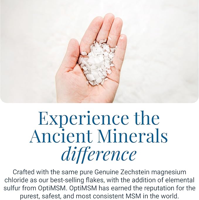 Ancient Minerals Magnesium Bath Flakes Ultra with OptiMSM – Pure Zechstein Magnesium Chloride and Organic Sulfur Bath Salts, Soothing Mineral Soak for Skin & Body, 1.65 lb