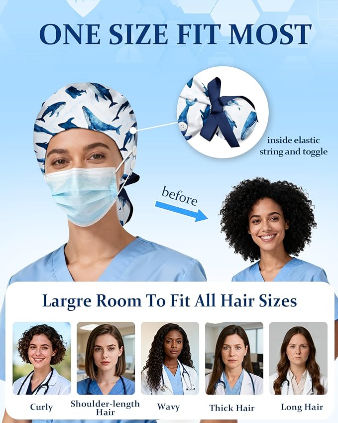 Plifal 100% Cotton Scrub Cap with Buttons-Nurse Cap with Sweatband for Women, Adjustable Working Hat,Satin Lined or Unlined