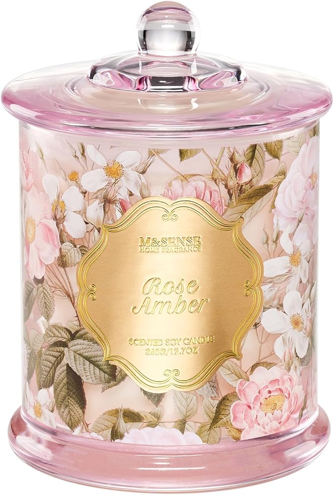M&SENSE Rose Amber Floral Soy Candle, 2-Wick 12.7oz 75H Non-Toxic Organic Jar Candle, Romantic Aromatherapy, Perfect Present for Mom Her